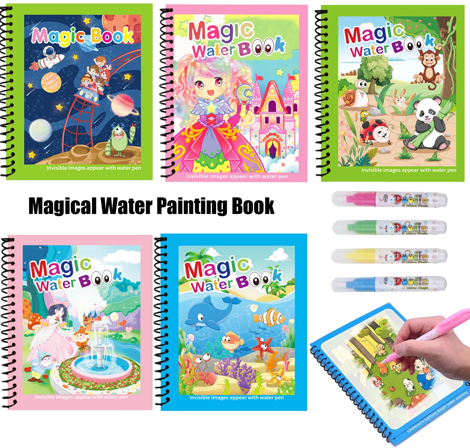 Reusable Water Magic Coloring Book - Herbruikbaar schilderboek, Montessori-kleurboek met pen, magisch